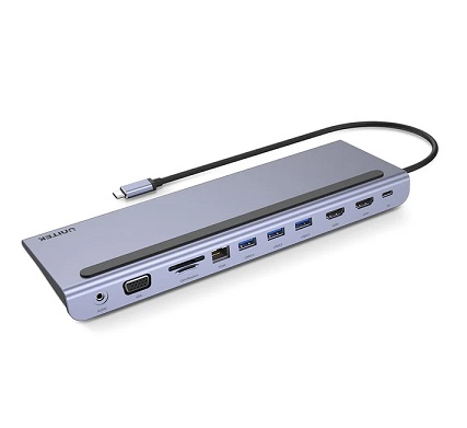 תחנת עגינה אוניברסלית עם טעינה רשת וחיבור וידאו יוניטק Unitek D1022B uHUB 11+ 11-in-1 USB-C Ethernet Hub with MST Triple Monitor (Dual HDMI), 100W PD, Dual Card Reader